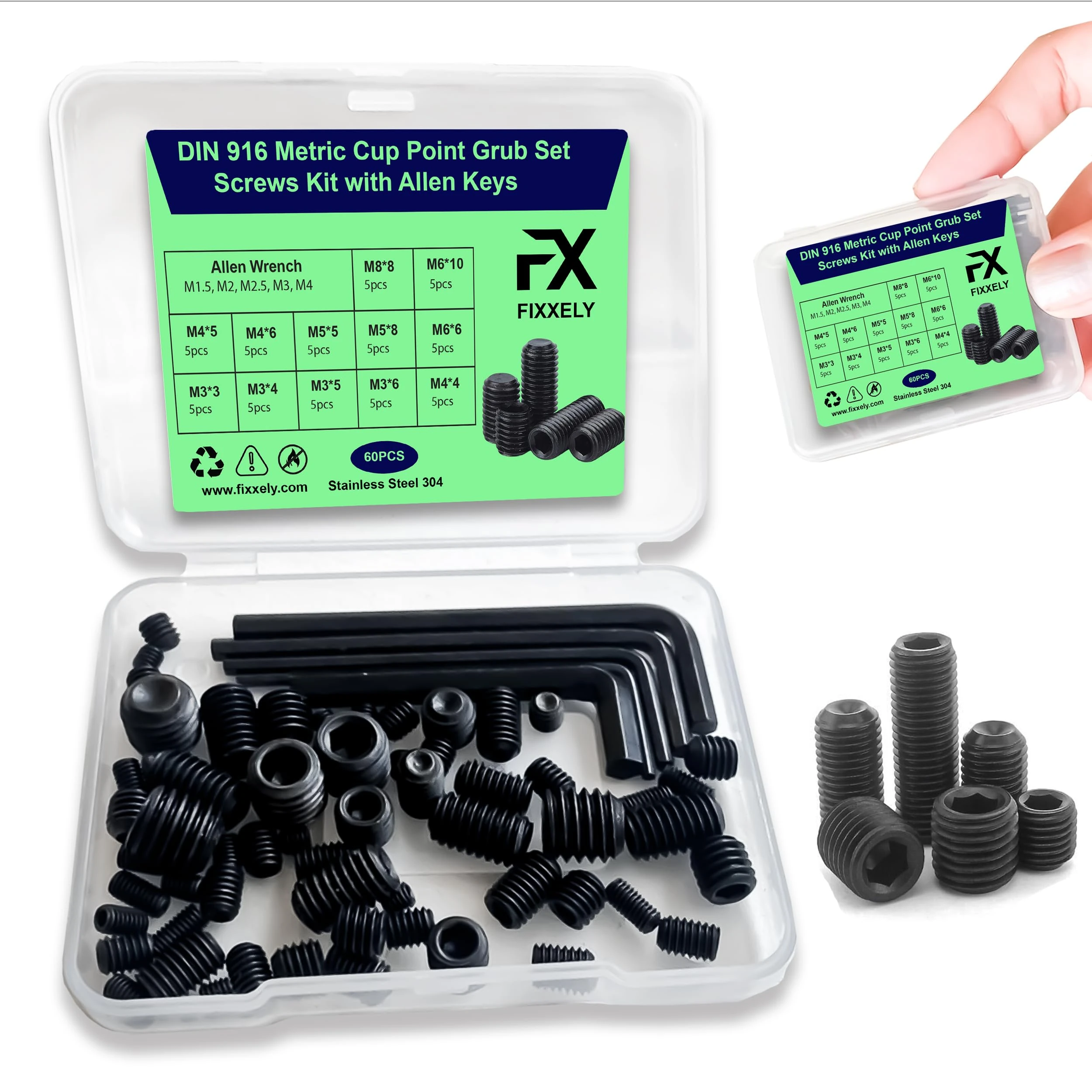 Fixxely Grub Screws Assortment Kit – 60PCS Stainless Steel 304 Set | M3, M4, M5, M6, M8 Hex Headless Screws with Allen Key | Door Handle Repair & Bathroom Fixtures