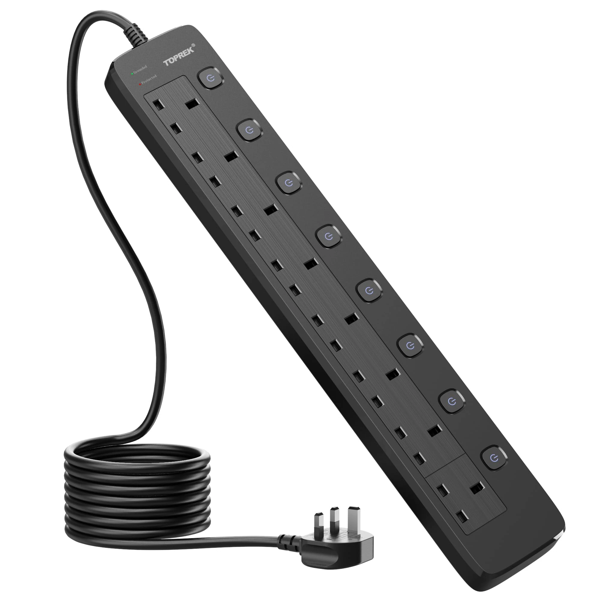 TOPREK 8 Way Extension Lead with Individual Switches, 2100 Surge Protected Extension Lead with Indicator Lights, Desk/Wall Mounted Power Strip for Office/Home/Computer Room/Garage(2M)