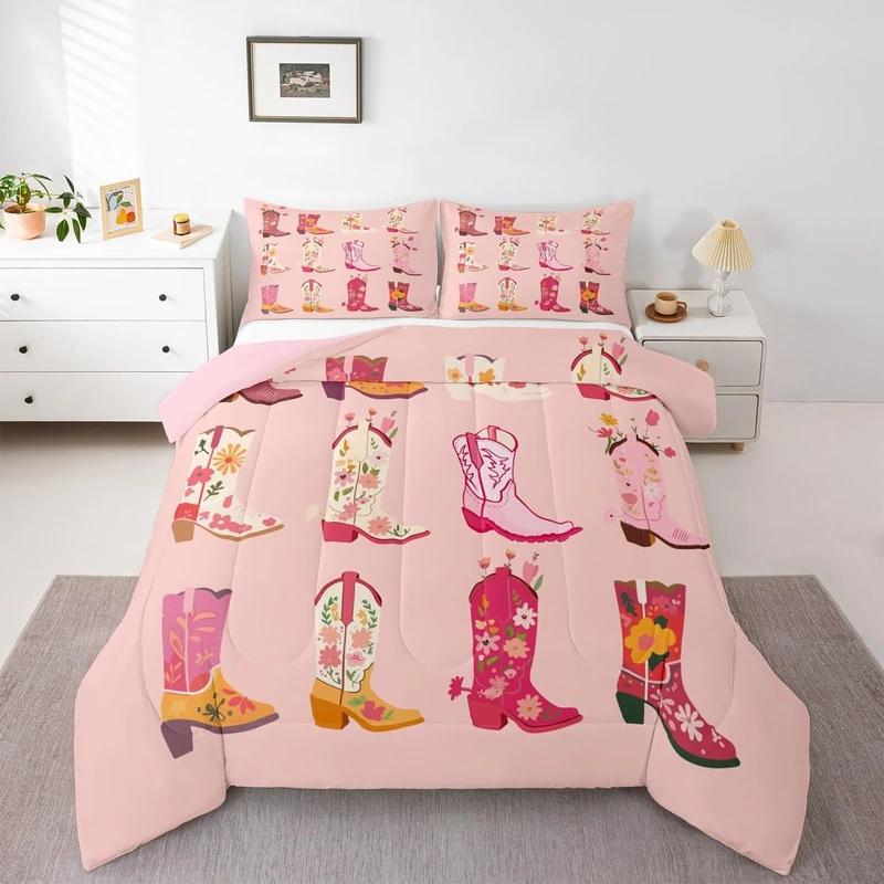Erosebridal Pink Cowgirl Boots Full Comforter Set for Girls Kids,Cute Boho Floral Bedding Set,Bohemian Wildflower Duvet Insert,Western Cowgirl Country Bedroom Decor with 2 Pillowcases