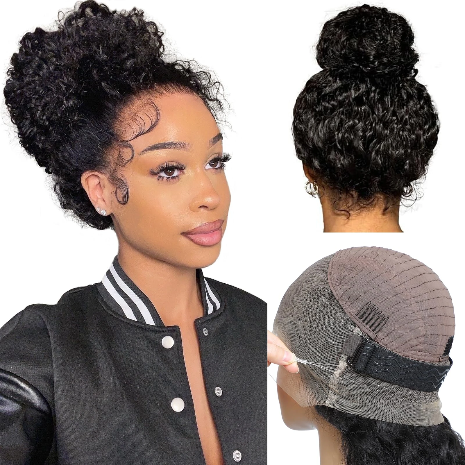 Hidden Strap 360 Glueless Lace Front Wigs Human Hair Pre Plucked 200 Density Deep Wave 360 HD Full Lace Human Hair Wigs With Invisible Drawstring for Black Women 16 Inch
