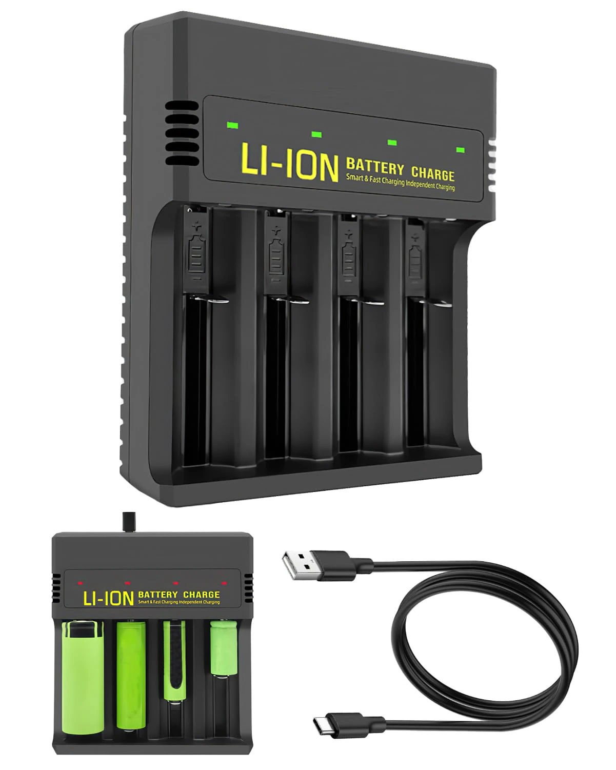 Battery Charger with 4 Slots Ni-MH for AA AAA Rechargeable Batteries 3.7V Individually Charger USB and Type C Input Intelligent LCD Light for 18650 18500 21700 26650 14500 16340 Batteries Black