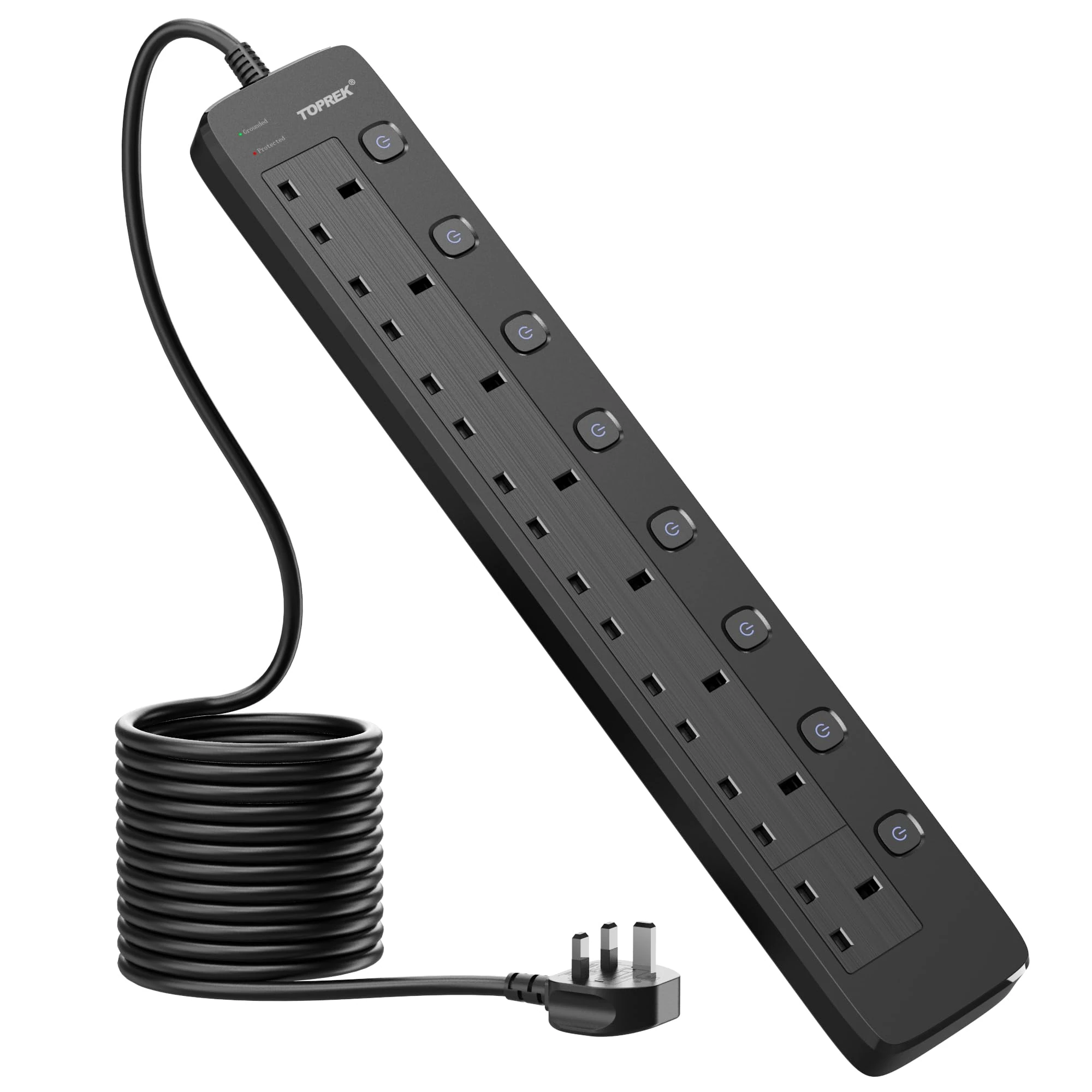 TOPREK 8 Way Extension Lead with Individual Switches, 2100 Surge Protected Extension Lead with Indicator Lights, Desk/Wall Mounted Power Strip for Office/Home/Computer Room/Garage(5M)