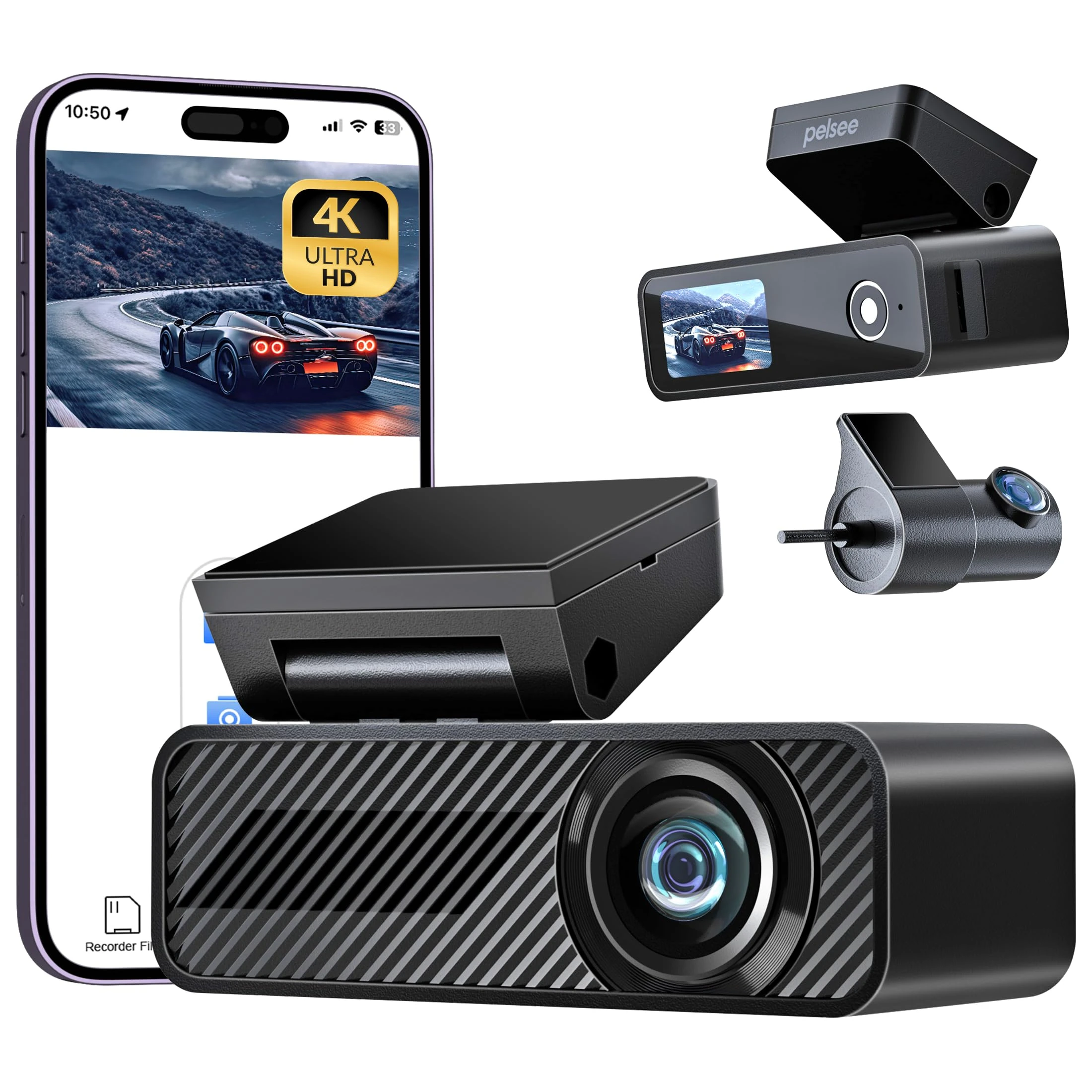 Pelse 4K Dash Cam Front and Rear, 4K+1080P Car Camera Dash Cam, 64GB Card included, 5GHz Wi-Fi, 24H Parking Mode,1.5" IPS Display Mini Dashcam,Night Vision,Voice Control,G-Sensor-Black