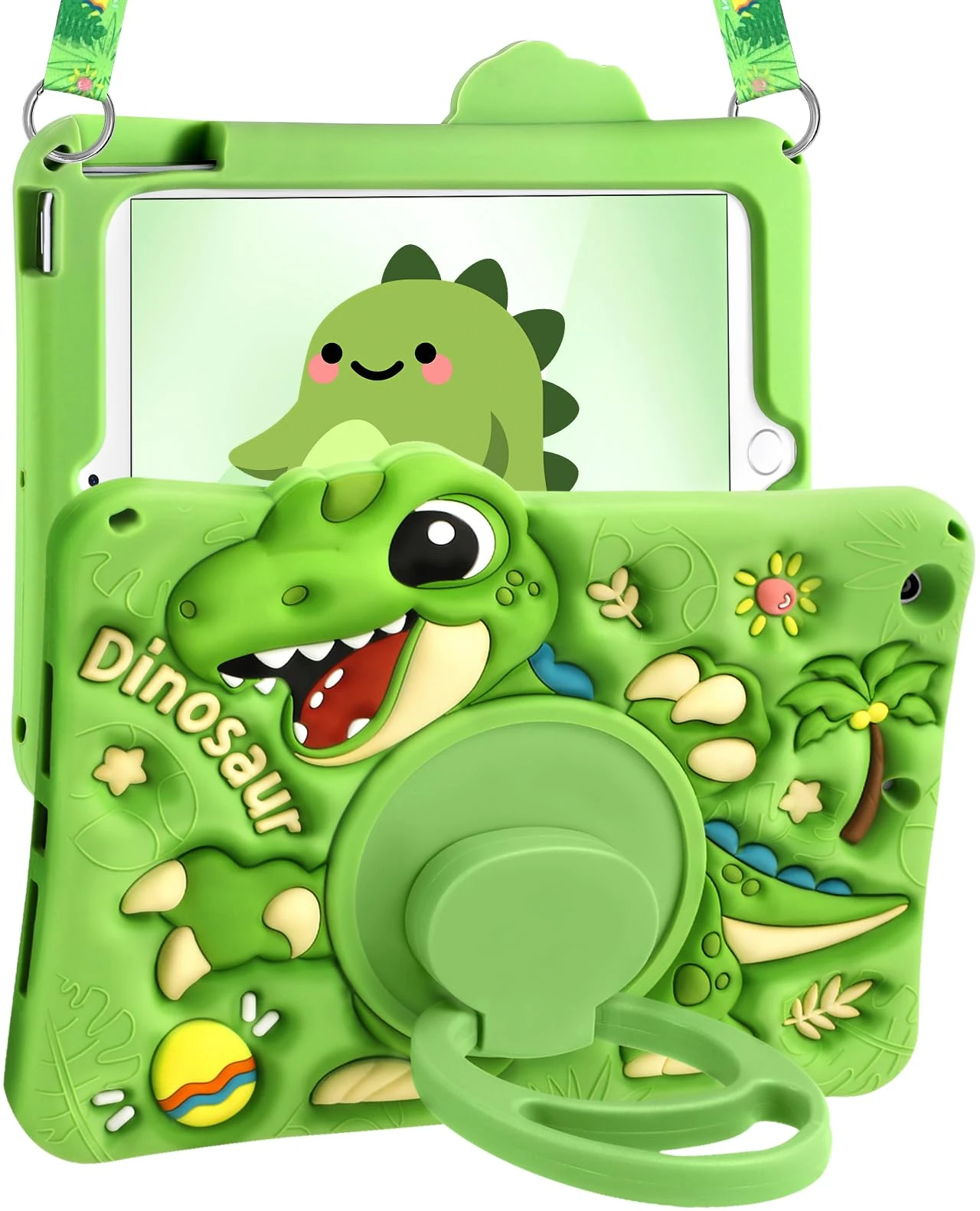 Kokaade for iPad 9th/8th/7th Generation 10.2 Inch Case (2021/2020/2019) - Cute Cartoon Green Dinosaur with Shoulder Strap & Rotating Stand for Boys Girls Teens Soft Silicone