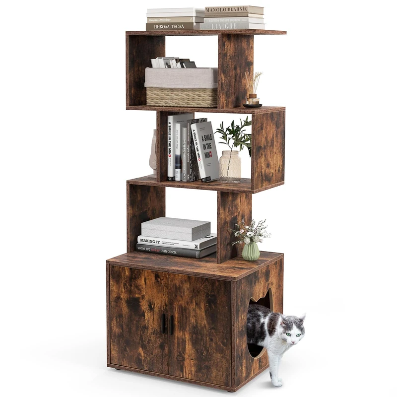 GYMAX Cat Litter Box Enclosure, 2-in-1 Hidden Kitty Washroom Furniture with 3-tier Shelves, Indoor Pet Furniture Wooden Cat Houses for Living Room Bedroom (Rustic Brown)