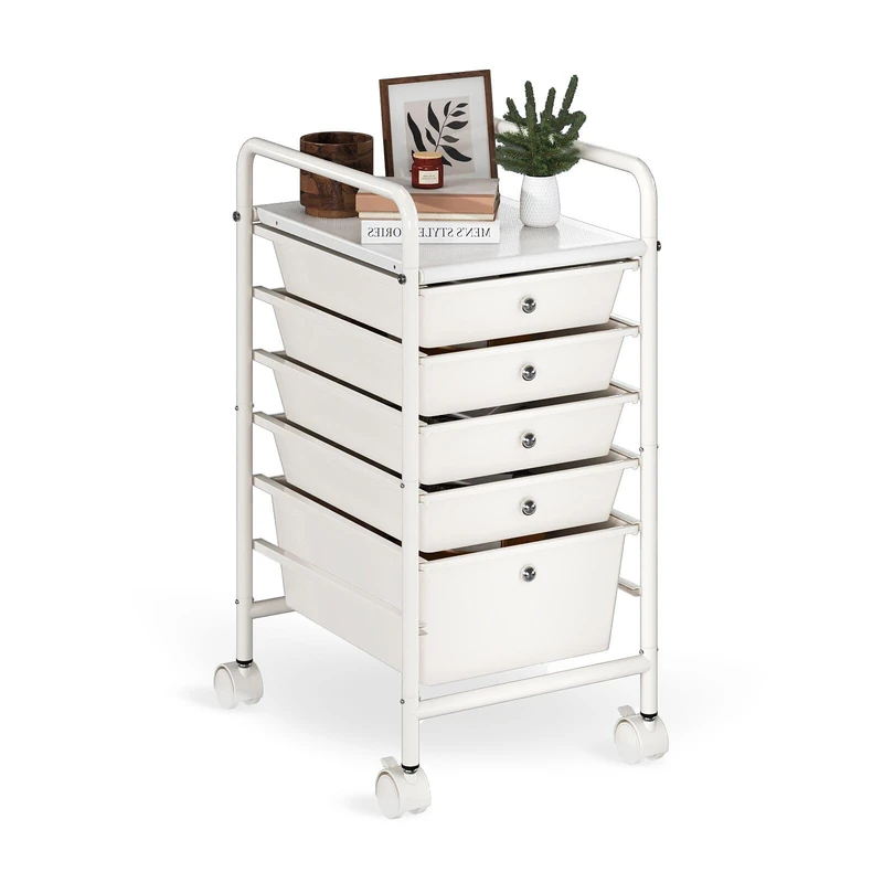 Shrivee 6-Tier Rolling Cart with 5 Drawers, Rolling Utility Cart with 2 Lockable Caster Wheels, Multipurpose Mobile Rolling Storage Drawer Cart for Office Bathroom Kitchen, Ivory White
