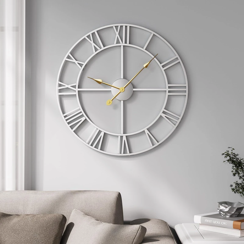 Large Wall Clock 20 Inch Silver Decorative Clock, Modern Metal Round Wall Clock Roman Numerals Battery-Operated Wall Clocks for Living Room Bedroom, Kitchen, Office
