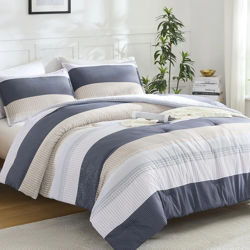 Litanika Oversized Queen Comforter Set - 3 Pieces Stripe Bed Set