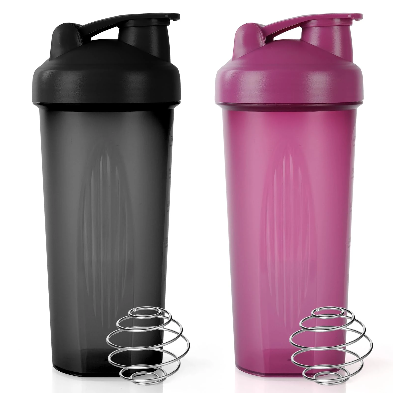 ACWOO Protein Shaker Bottle with Stainless Steel Mixing Ball 600ml, 2pcs Protein & Supplement Shaker Bottle, BPA Free Protein Shake Bottle, Leak Proof Flip Flop Lid Shake Bottle Mixer, Black + Purple