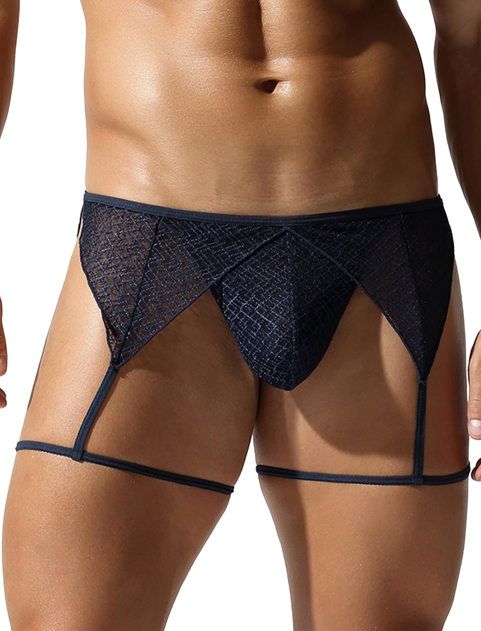 IBAKOM Men's Lingerie Sissy Sheer Lace Bulge Pouch Briefs T-back G-string Thongs Crossdresser Underpants with Garter Belt Blue M