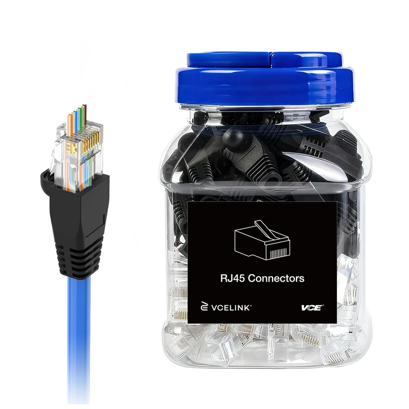 VCE 50-Pack Cat6 RJ45 Pass Through Connector with Strain Relief Boots (Black), UL Listed Cat 6/Cat 5e Unshielded RJ45 Ends Gold Plated for Solid or Stranded UTP Network Cable Support PoE