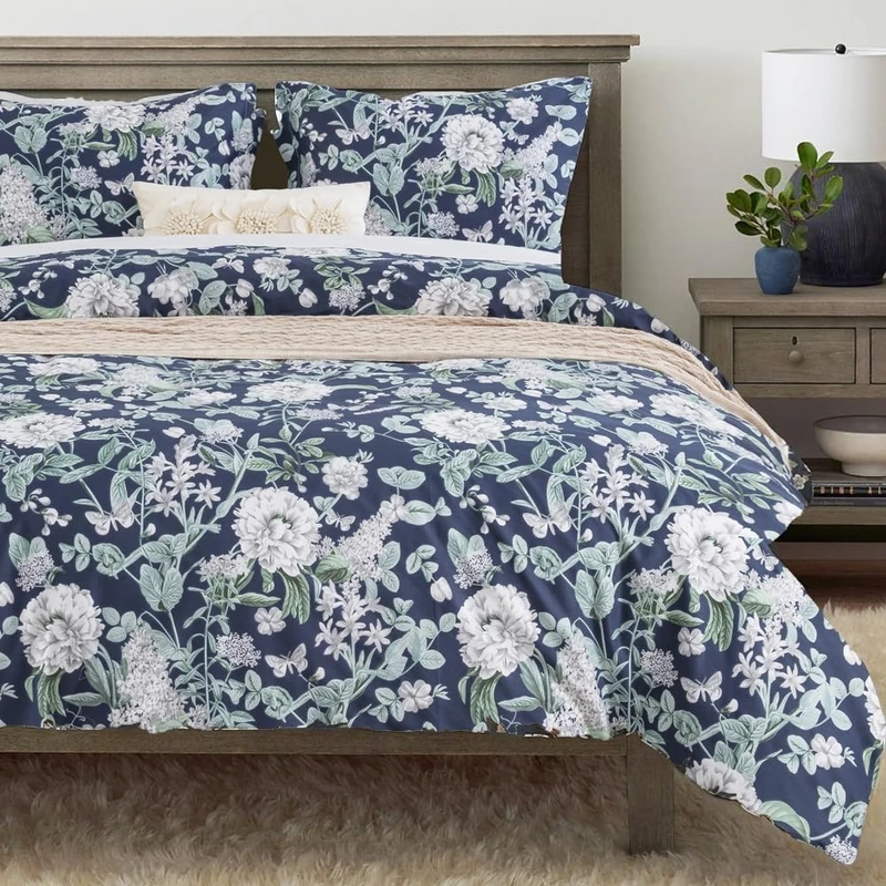 DAUAOTO Duvet Cover Queen Size Set - 90"x90" Cover + 2 Shams, 100% Cotton Print Bedding Sets, Dark Garden Pattern, Bloom Floral Blue