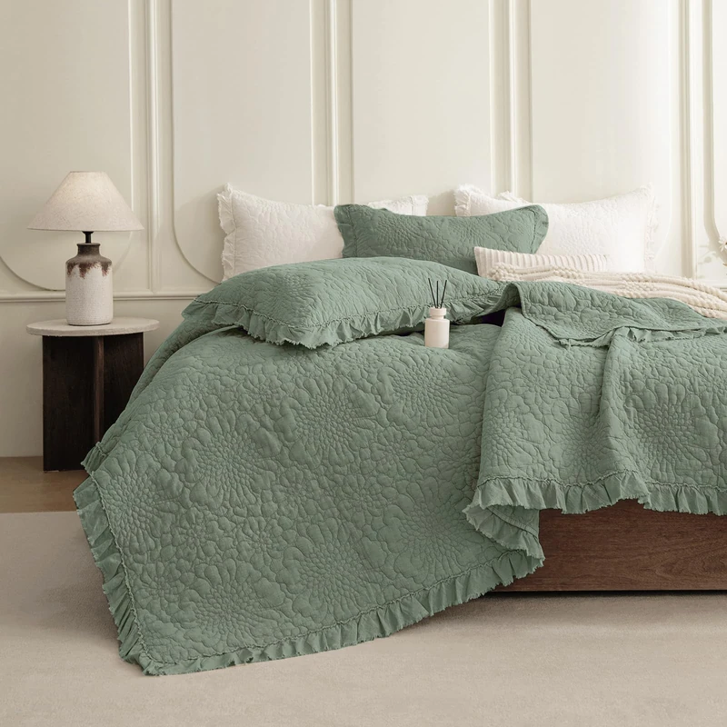 Sanracie Cotton Oversized King Bedspread(128"x120"), Ultra Soft Olive Green Stonewashed Extra Large Wide Oversized Quilt Sets 3Pcs Ruffled Crinkle Flower Petal Pattern Farmhouse Coverlets