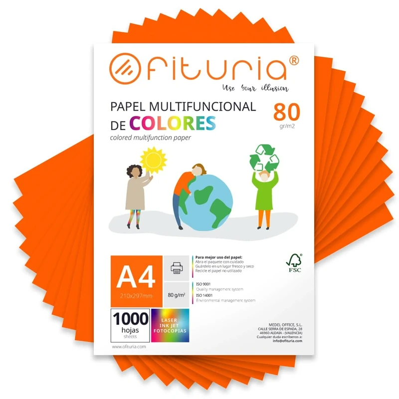 Coloured Sheets, Pack 1000 Sheets A4 80 g – Coloured Paper for Crafts, Printer, Scrapbooking – Folios Colours – Ideal Origami, Papiroflexia, Office and School (Fluorescent Orange, 1000h)