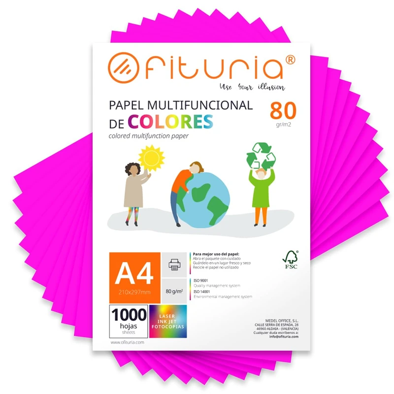 Coloured Sheets, Pack 1000 Sheets A4 80 g – Coloured Paper for Crafts, Printer, Scrapbooking – Folios Colours – Ideal Origami, Papiroflexia, Office and School (Fluorescent Pink, 1000h)