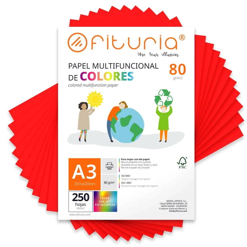 Coloured Sheets, Pack 250 Sheets A3 80 g – Coloured Paper for Crafts, Printer, Scrapbooking – Folios Colours – Ideal Origami, Papiroflexia, Office and School (Red, 250h)