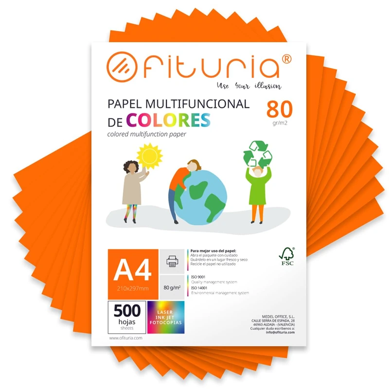 Coloured Sheets, Pack 500 Sheets A4 80 g – Coloured Paper for Crafts, Printer, Scrapbooking – Folios Colours – Ideal Origami, Papiroflexia, Office and School (Orange, 500h)