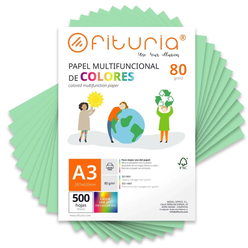 Coloured Sheets, Pack 500 Sheets A3 80 g – Coloured Paper for Crafts, Printer, Scrapbooking – Folios Colours – Ideal Origami, Papiroflexia, Office and School (Light Green, 500h)