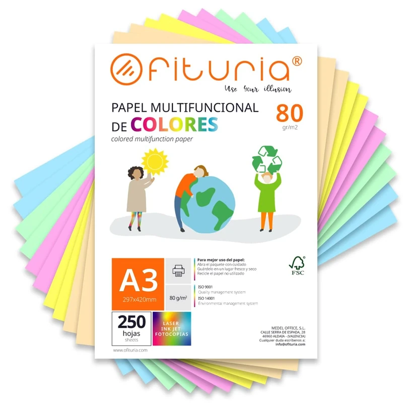 Coloured Sheets, Pack 250 Sheets A3 80 g – Coloured Paper for Crafts, Printer, Scrapbooking – Folios Colours – Ideal Origami, Papiroflexia, Office and School (Assorted Pastel, 250h)