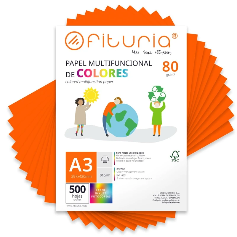 Coloured Sheets, Pack 500 Sheets A3 80 g – Coloured Paper for Crafts, Printer, Scrapbooking – Folios Colours – Ideal Origami, Papiroflexia, Office and School (Fluorescent Orange, 500h)