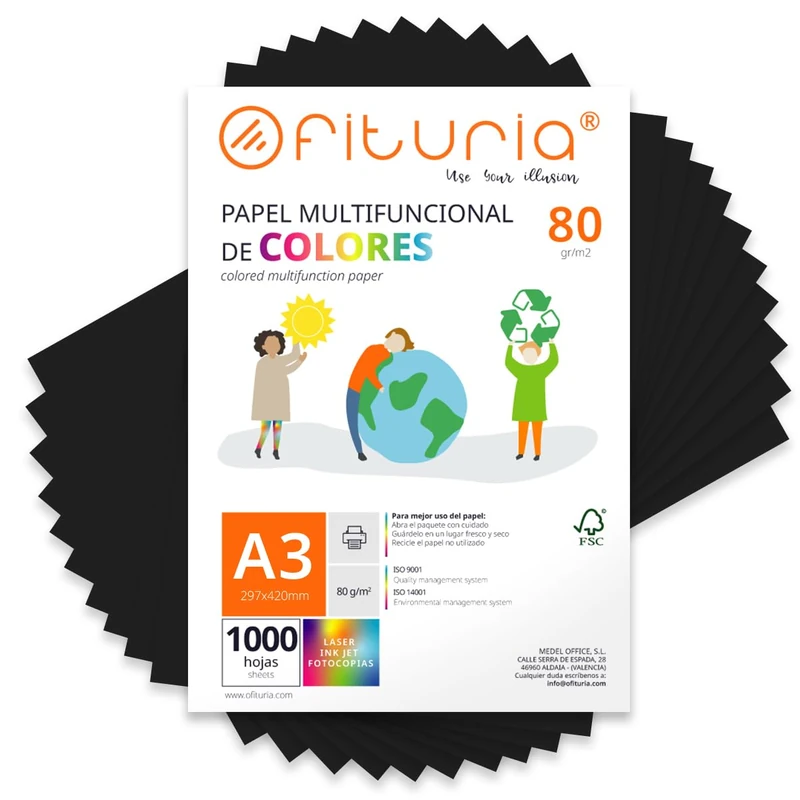 Coloured Sheets, Pack 1000 Sheets A3 80 g – Coloured Paper for Crafts, Printer, Scrapbooking – Folios Colours – Ideal Origami, Papiroflexia, Office and School (Black, 1000h)