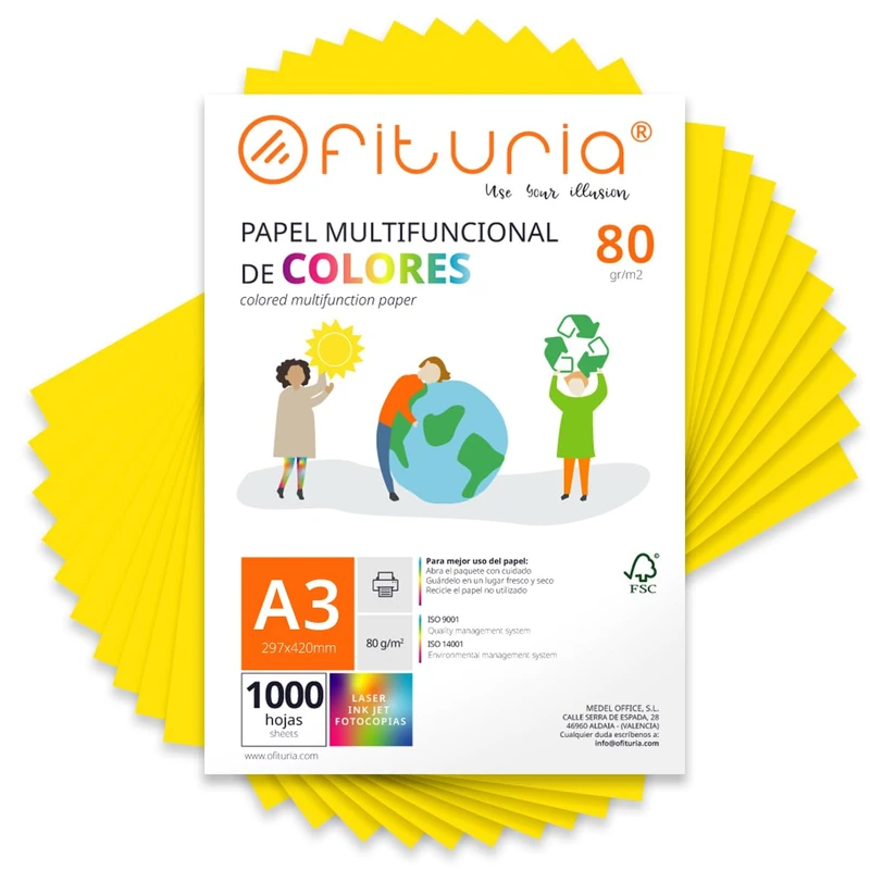 Coloured Sheets, Pack of 1000 Sheets A3 80 g – Coloured Paper for Crafts, Printer, Scrapbooking – Folios Colours – Ideal Origami, Papiroflexia, Office and School (Strong Yellow, 1000h)