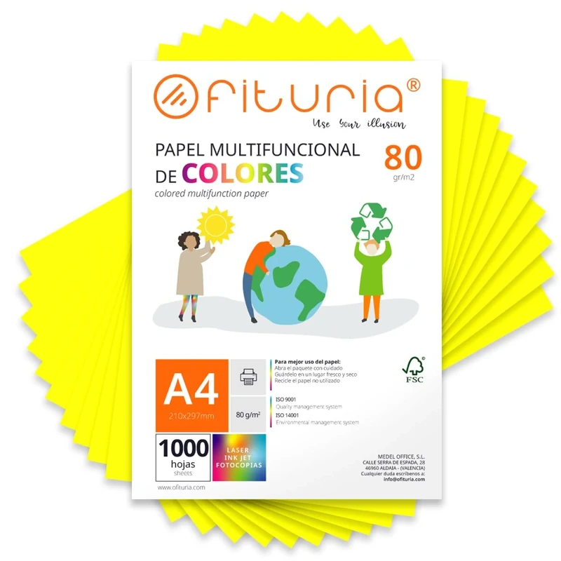 Coloured Sheets, Pack 1000 Sheets A4 80 g – Coloured Paper for Crafts, Printer, Scrapbooking – Folios Colours – Ideal Origami, Papiroflexia, Office and School (Fluorescent Yellow, 1000h)