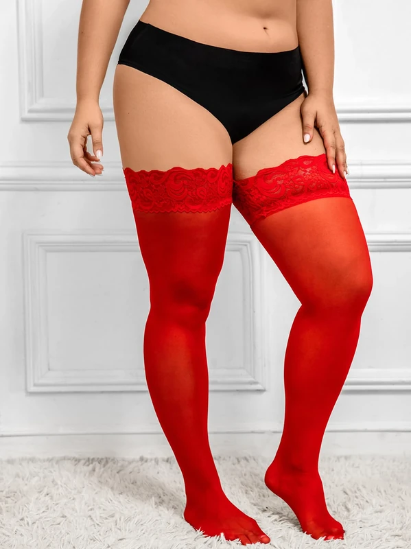 Generic Thigh High Lace Stockings - Sexy Red Semi Sheer Pantyhose