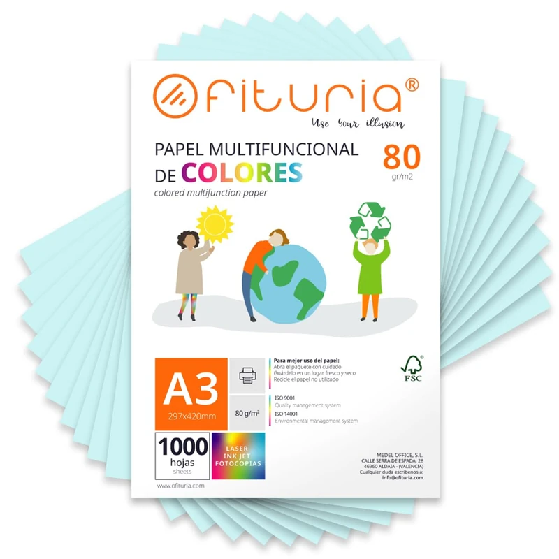 Coloured Sheets, Pack 1000 Sheets A3 80 g – Coloured Paper for Crafts, Printer, Scrapbooking – Colours – Ideal Origami, Papiroflexia, Office and School (Light Blue, 1000h)