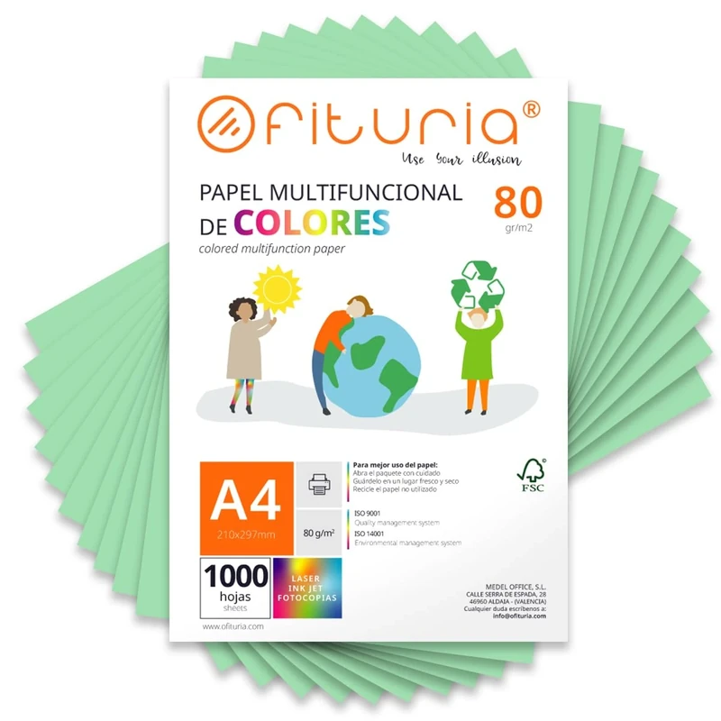 Coloured Sheets, Pack 1000 Sheets A4 80 g – Coloured Paper for Crafts, Printer, Scrapbooking – Colours – Ideal for Origami, Papiroflexia, Office and School (Light Green, 1000h)
