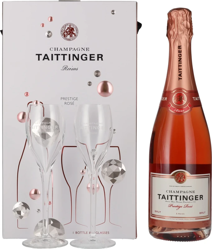 Taittinger Brut Prestige Rosé Non Vintage Champagne and Glasses Gift Set 75cl (Pack of 6)