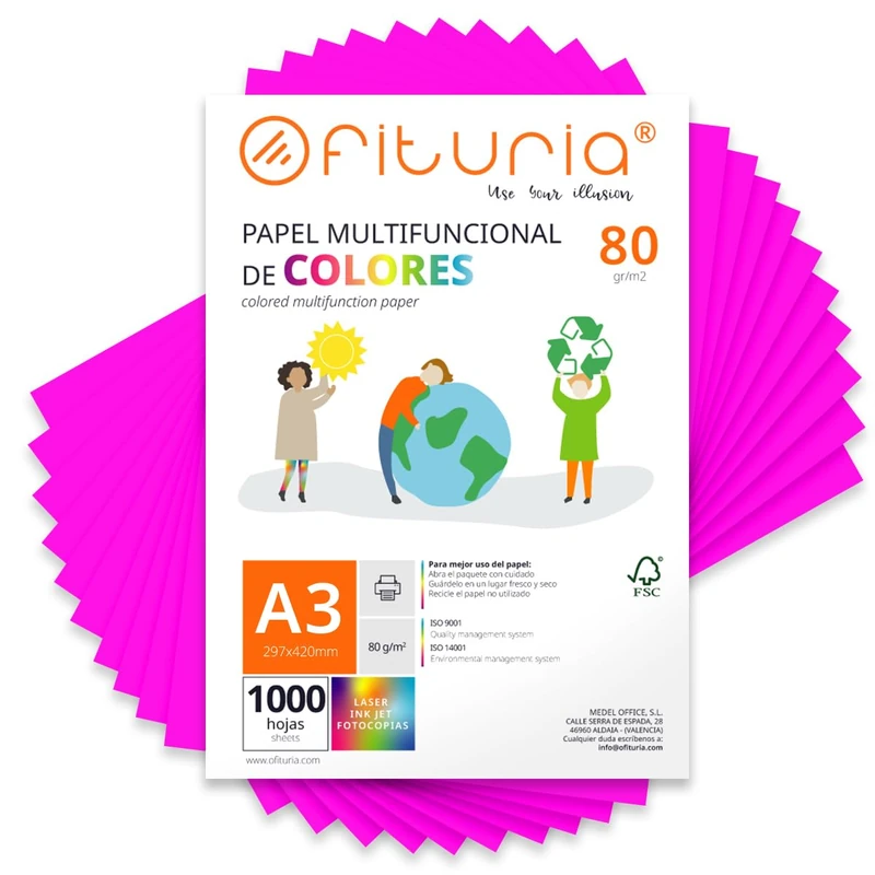 Coloured Sheets, Pack 1000 Sheets A3 80 g – Coloured Paper for Crafts, Printer, Scrapbooking – Folios Colours – Ideal Origami, Papiroflexia, Office and School (Fluorescent Pink, 1000h)