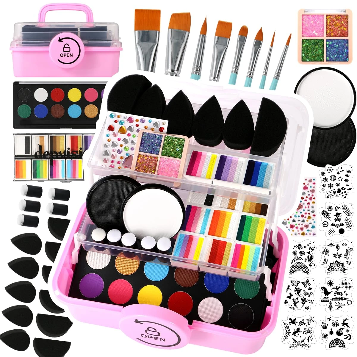 Professional Face Painting kit for Kids Adult Face Painter Depvision 68 Colors Split Cake Face Paint Kit, Non-Toxic Washable Safe Water Based with Brushes Stencils Sponge Gems Glitter for Halloween