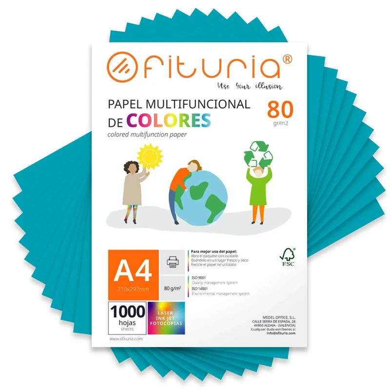 Coloured Sheets, Pack 1000 Sheets A4 80 g – Coloured Paper for Crafts, Printer, Scrapbooking – Folios Colours – Ideal Origami, Papiroflexia, Office and School (Turquoise, 1000h)