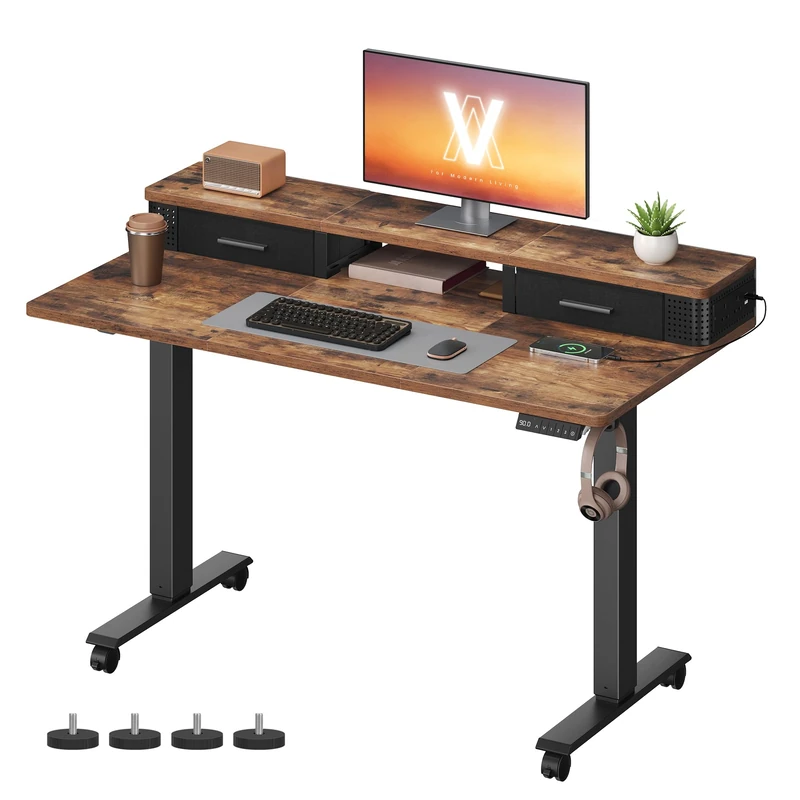VASAGLE Electric Standing Desk with Built-In Power Strip, 120 x 60 x (72-120) cm, Adjustable Height, Monitor Stand, 2 Hooks and Drawers, Memory Function, Rustic Brown LSD182KD03