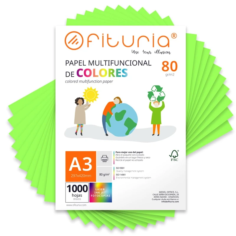 Coloured Sheets, Pack 1000 Sheets A3 80 g – Coloured Paper for Crafts, Printer, Scrapbooking – Folios Colours – Ideal Origami, Papiroflexia, Office and School (Fluorescent Green, 1000h)