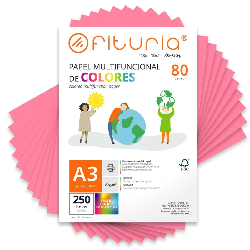 Coloured Sheets, Pack 250 Sheets A3 80 g – Coloured Paper for Crafts, Printer, Scrapbooking – Folios Colours – Ideal Origami, Papiroflexia, Office and School (Pink, 250h) - Image 1