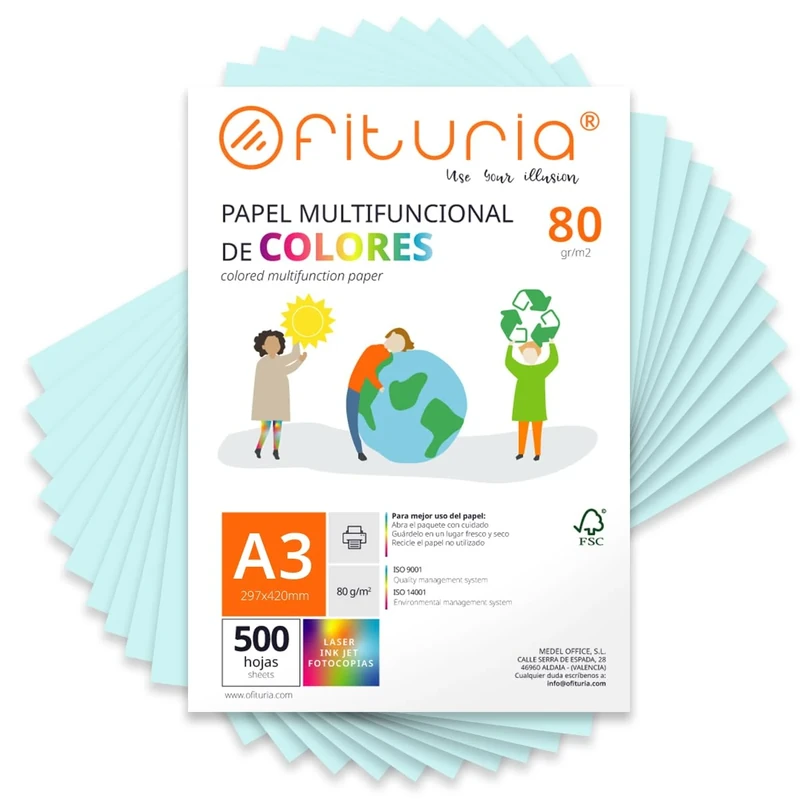 Coloured Sheets, Pack 500 Sheets A3 80 g – Coloured Paper for Crafts, Printer, Scrapbooking – Folios Colours – Ideal Origami, Papiroflexia, Office and School (Light Blue, 500h)