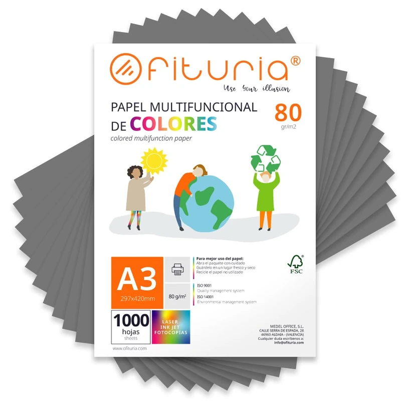 Coloured Sheets, Pack 1000 Sheets A3 80 g – Coloured Paper for Crafts, Printer, Scrapbooking – Folios Colours – Ideal Origami, Papiroflexia, Office and School (Grey, 1000h)