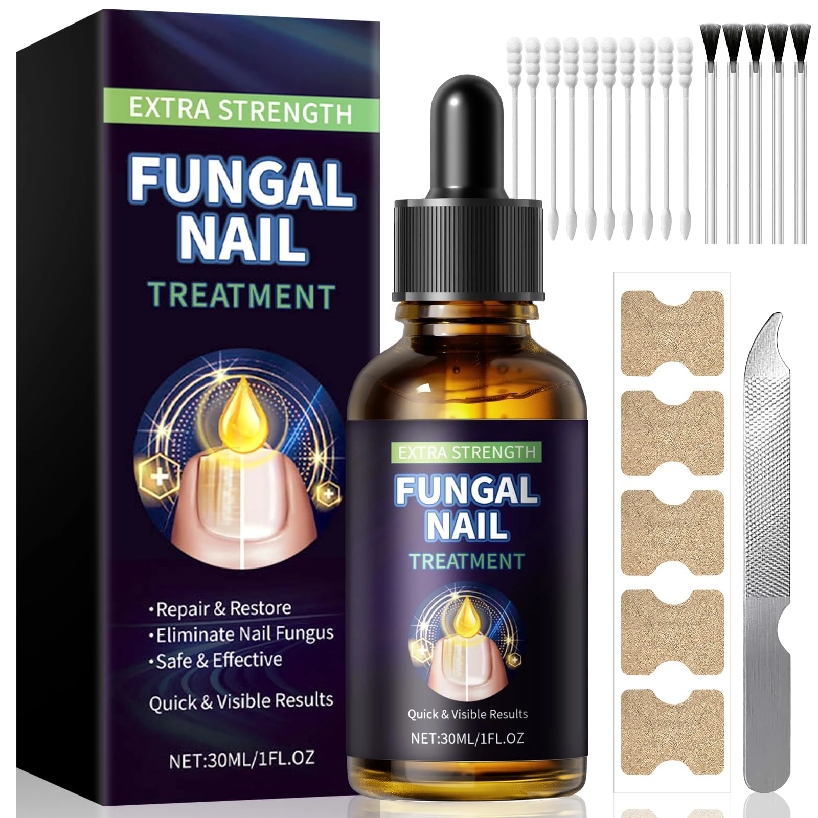 Fungal Nail Treatment Extra Strong,Nail Fungus Treatment for Toenail Toenail Fungus Treatment Nail Repair Growth Treatment for Thick,Discolored,Brittle Nails Includes Swabs,Brush,File(30ML)