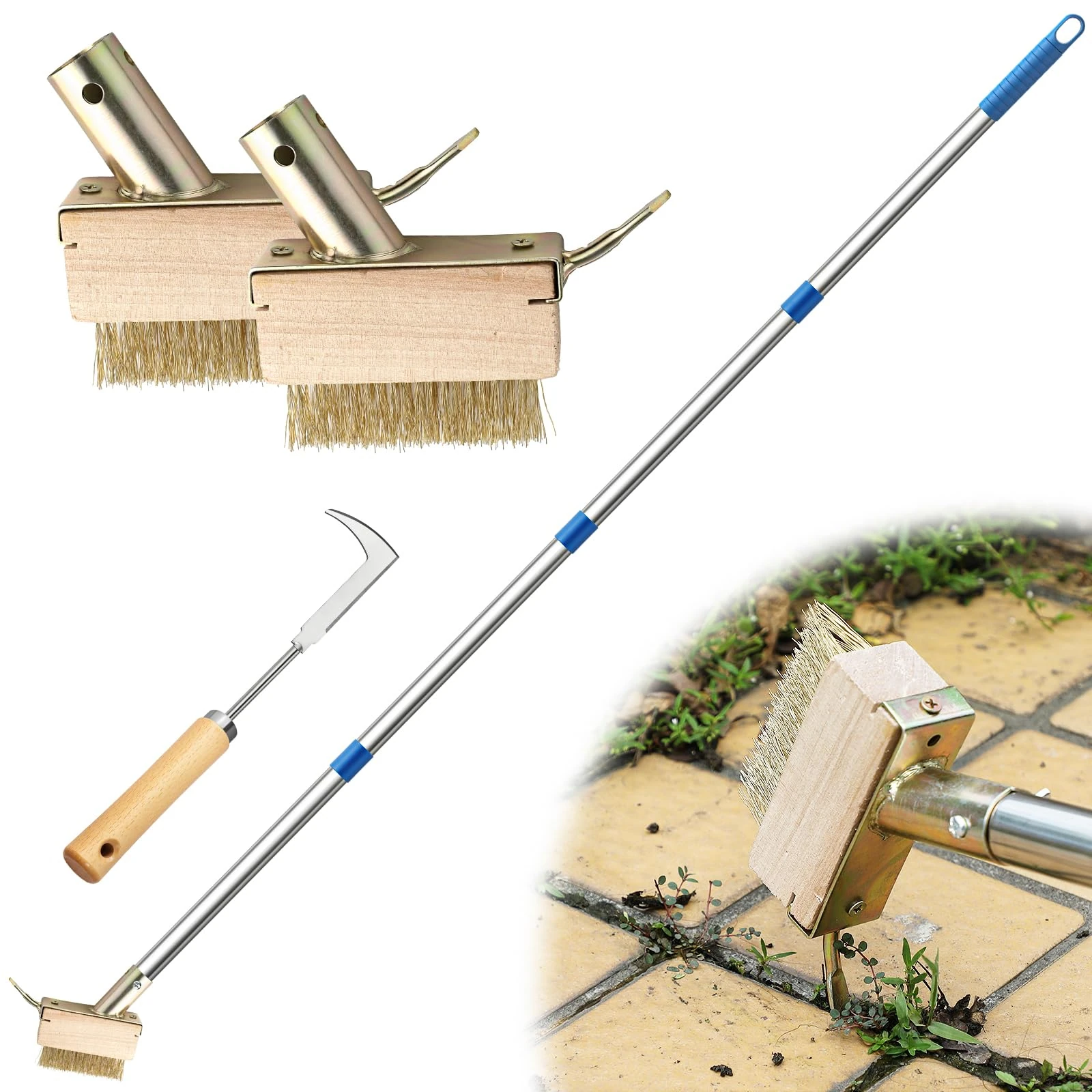Senlinyu Weed Moss Remover Patio Brush with Long Handle, Block Paving Brush Weeding Tool, 2 Heads Wire Grout Cleaner Crack Weeder for Driveway Path Paver Decks