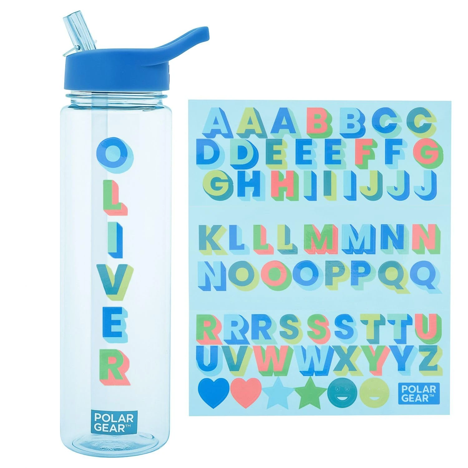 Polar Gear 600ml Kids Water Bottles with Straw and A-Z Sticker Sheet | Personalised Water Bottle Kids Can Decorate | Customisable Childrens Drinks Canteens for Boys and Girls for School, Sports, Home