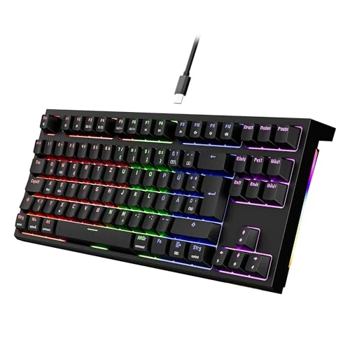 Newmen GM870 TKL Gaming Keyboard, Mechanical Keyboard with Cable, 75% RGB LED Lighting, Hot Swap Anti Ghosting USB Mini 88 Keys Keyboard for PC/Win/Mac, German QWERTZ Layout, Black, Red Switch