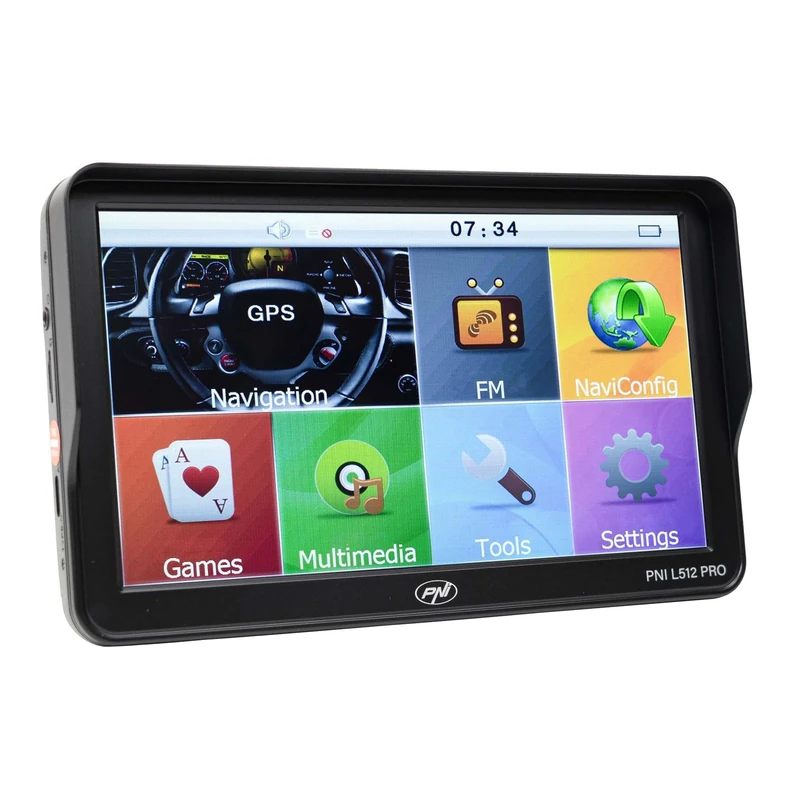 PNI L512 PRO GPS navigation system with sun visor, 7 inch, 800 MHz, 512MB DDR, 16GB internal memory, FM transmitter