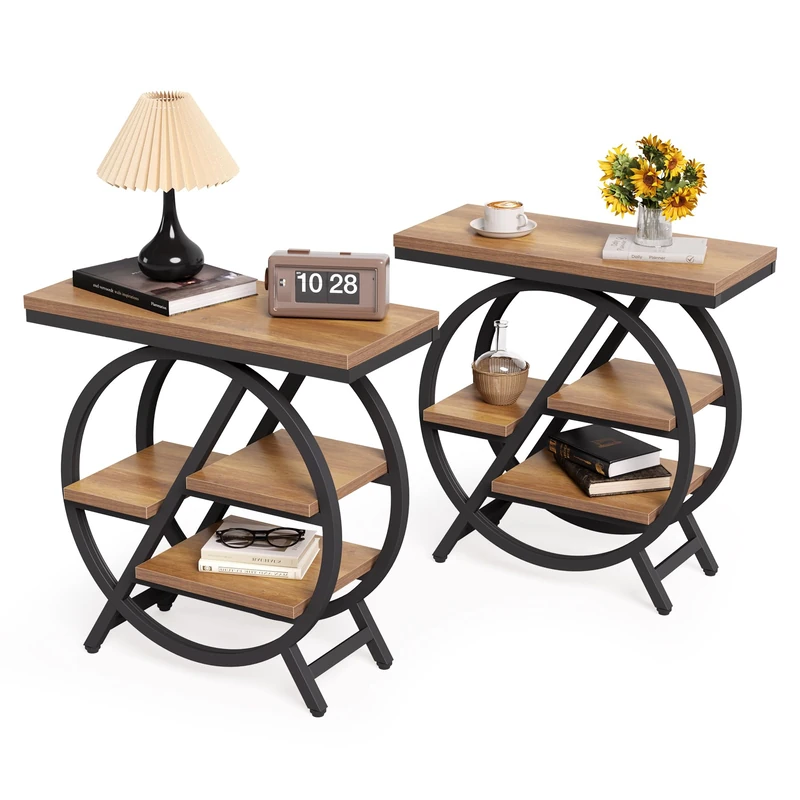 LITTLE TREE End Table, Set of 2 Narrow Side Table with 4-Tier Large Storage Space, Modern Bedside Table for Living Room, Home Office, Bedroom, Natural