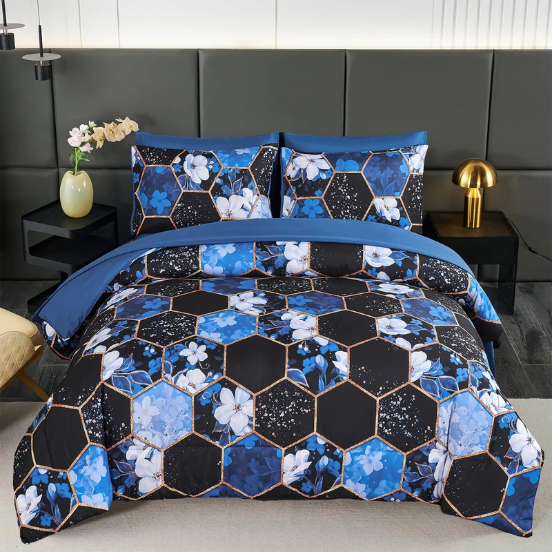 ZRNBAST King Comforter Set 7 Pieces Blue Floral Bedding Set, Geometric Bed in A Bag with Sheets and Pillowcases, Soft Microfiber Complete Bedding Sets for All Season(Blue Floral,King)