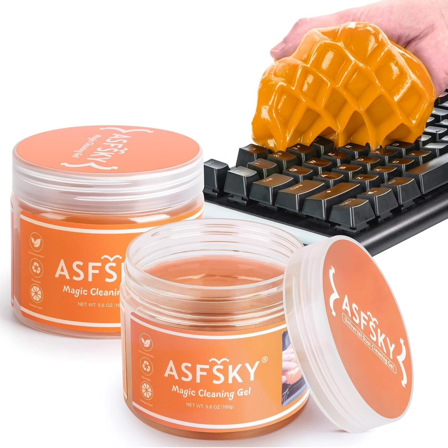 ASFSKY 2Pack Car Cleaning Gel Kit for Interior, Keyboard Cleaning Gel Dust Cleaner Universal for PC Keyboards, Car Detailing, and Electronics – Reusable Slime for Home & Office (Orange)