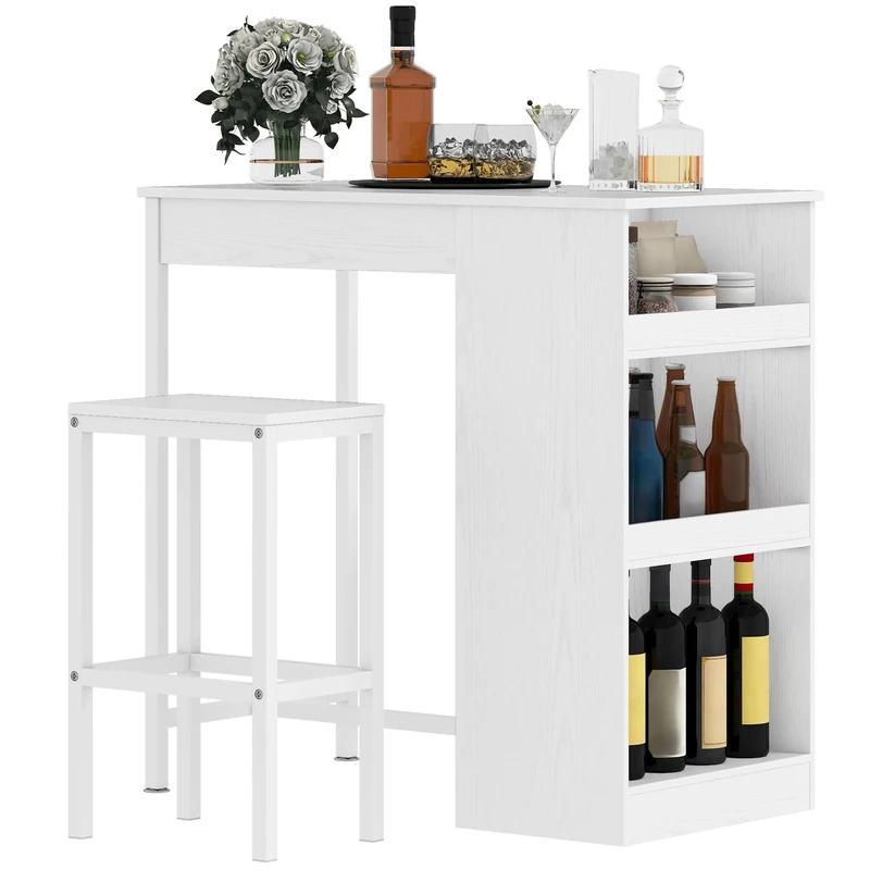DWVO Breakfast Bar Table and Stools Set, Kitchen Breakfast Bar Table Set Storage Shelf for Kitchen Dining Room Pub Industrial Steel Frame White