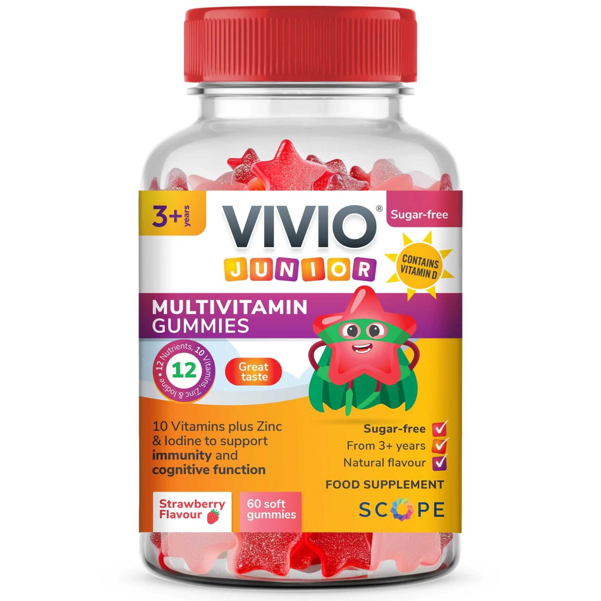 VIVIO Junior Multivitamin Gummies: Delicious, Chewable, Sugar-Free Multivitamin Gummies for Children 3 Years and Older. Packed with 12 nutrients, Including Zinc and Iodine, Vitamin C and D