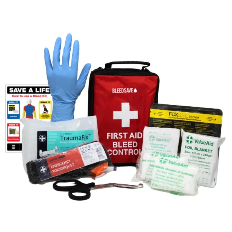 BLEEDSAVE Public Access Community Bleed Control Kit – Compact Emergency Trauma Pack with Code Red Tourniquet, Vented Chest Seal, Trauma Dressing & CPR Shield, 80 × 140 × 200 mm Grab Bag